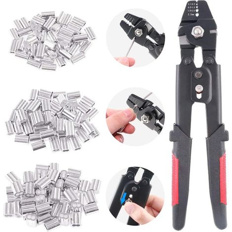 Pinza crimpatrice per funi metalliche, adatta a cavi fino a 2,2 mm di diametro, dotata di 180 pinze a doppia canna in alluminio (1,2/1,5/2 mm). (1/3)