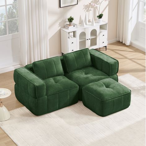 Divano modulare a 2 posti con pouf 198x162x67 cm, design senza telaio, seduta profonda, poliestere verde (1/5)