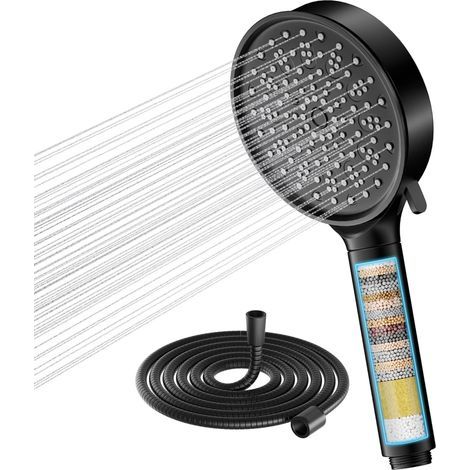 Filtro antical para cabezal de ducha con filtración en 20 etapas y manguera flexible de 1,5 m, 6 chorros, cabezal de ducha de alta presión con ahorro de agua (negro) (1/5)