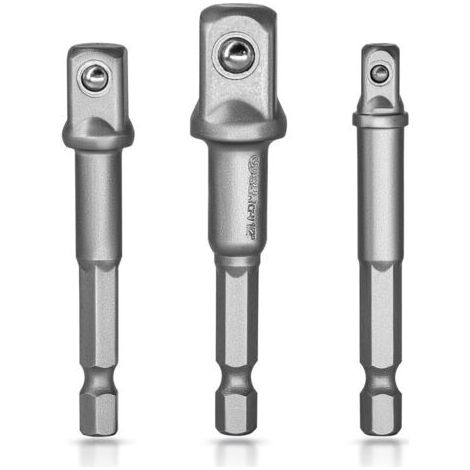 Adaptateur de douille Ulisem S&R pour perceuse/visseuse à chocs. Jeu de 3 pièces pour mandrins à carré de 1/4", 1/2" et 3/8", chrome vanadium (gris clair) (1/4)