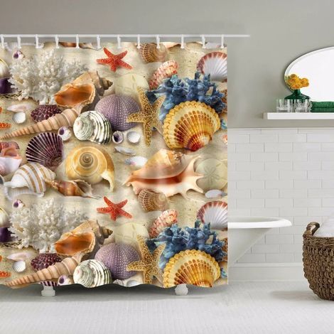 Duschvorhang mit Strandmotiven: Muscheln, Seesterne, Schneckenhäuser, blaue Palmen, Sonnenuntergang und Naturlandschaft Badezimmerdekoration 300 x 180 cm (118 x 70 Zoll)