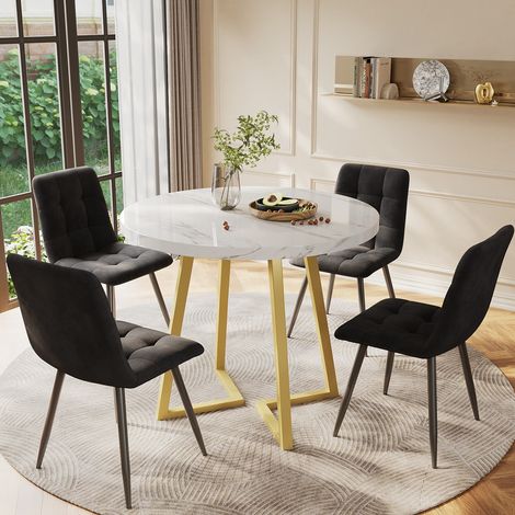 Conjunto de comedor redondo 5 piezas, mesa Ø80 cm y 4 sillas tapizadas, MDF efecto mármol blanco y patas metálicas doradas (1/5)