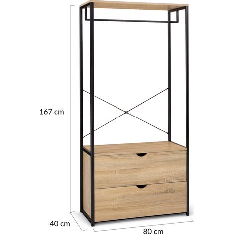 Idmarket – Dressing penderie 2 tiroirs L. 80 cm – Structure métal noir – Tiroirs en particules de bois – Hauteur 167 cm pour rangement optimisé