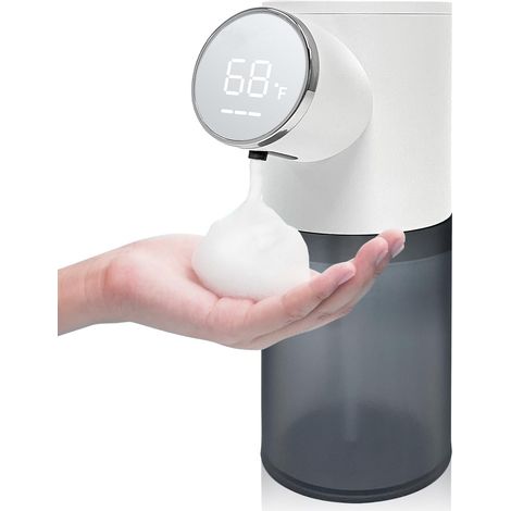 Automatic touchless soap dispenser for kitchen sink, electric dishwashing foam soap dispenser with temperature display, refillable soap dispenser, White