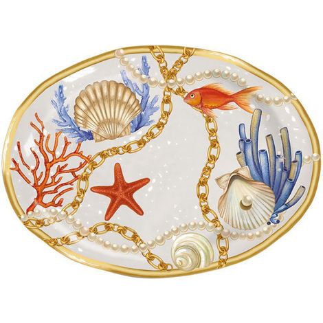 TrAdE Shop Traesio - Vassoio Centrotavola Ovale Con Conchiglie E Coralli In Stile Marino 40x30 Cm - (1/2)