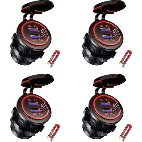 4X QC 3.0 Double Prise de Chargeur USB, Prise USB éTanche 12 V/24 V avec Interrupteur Tactile pour Voiture, Marine, Bateau, Camping-Car, Moto, Rouge (1/4)