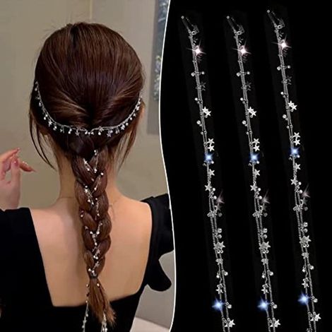 Cadena para el cabello - Diseño de estrella y luna plateada de 3 piezas - Accesorio para el cabello trenzado de 45 cm, adecuado para mujeres y niñas. (1/5)