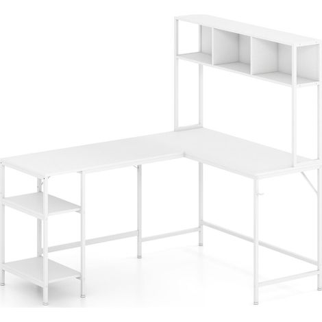 bureau en L pour ordinateur 150 x 120 x 148 cm avec rangement pratique et crochet casque style moderne en bois d'ingénierie blanc