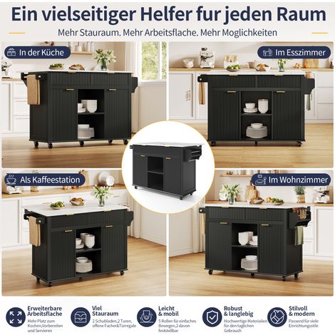 Îlot de cuisine mobile 120 x 45 cm avec plan de travail rabattable, chariot de cuisine à 2 tiroirs, 2 portes, étagères à épices et porte-serviettes, meuble de rangement roulant noir. (1/5)