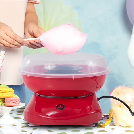 Machine à barbe à papa pour usage domestique, avec bâtonnets et cuillère doseuse, 18 cm de hauteur, 550 W, idéale pour les fêtes d'enfants, les anniversaires et autres événements, rouge.