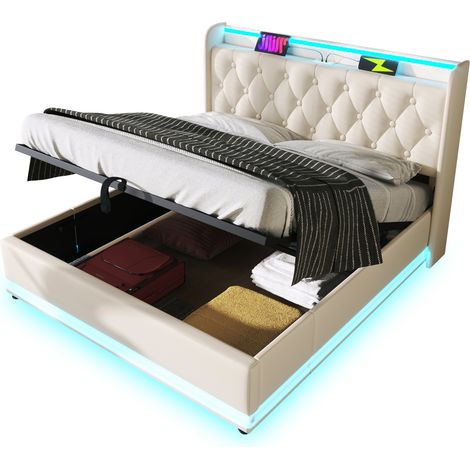 Lit coffre 140x200 cm en PU blanc avec LED 360°, tête de lit capitonnée USB/Type-C, sommier à lattes inclus (1/5)