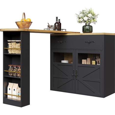 Table de bar extensible avec rangement (138-204×39×104 cm), table à manger pivotante à 360°, table de bar mobile moderne, table haute pour îlot de cuisine et bistrot, buffet avec étagères, noir (1/5)