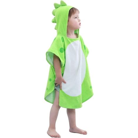 Kinder-Strandponcho mit Kapuze, grünes Dinosaurier-Muster, Größe 2–4 Jahre, 70 x 140 cm, Baumwolle (1/5)