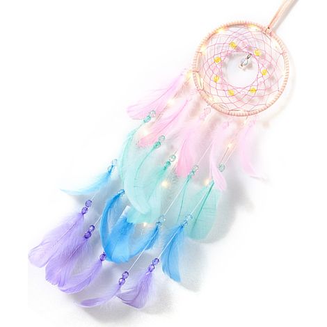 Attrape-rêves avec plumes colorées et lumineuses, tissé à la main, décoration murale rose pour la maison ou la chambre. (1/5)