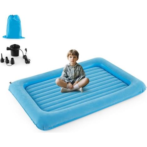 GOPLUS 118 x 165cm Lit Gonflable Enfant, Lit de Voyage Gonflable pour Bébé avec Matelas Amovible,Matélas Gonflable avec Sac de Rangement, avec Pompe Éléctrique pour Vacances (Bleu)