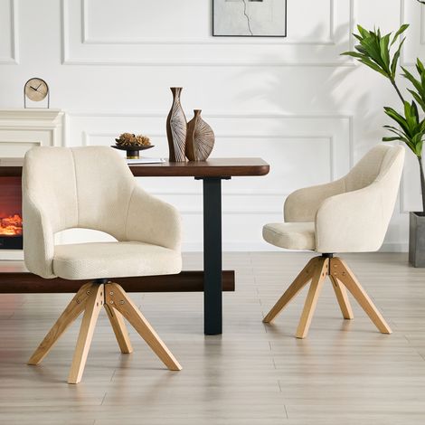 Ensemble de 2 fauteuils pivotants rétro élégants en tissu texturé blanc, pieds en bois massif, rotation 360° silencieuse, dossier incurvé — salon & salle à manger (1/4)