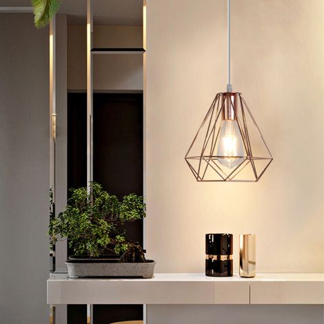 – Lustre suspension industrielle E27 – Abat-jour diamant en fer galvanisé – Dimensions 20x20 cm – Longueur câble 100 cm réglable – Pour salons et bureaux (1/5)