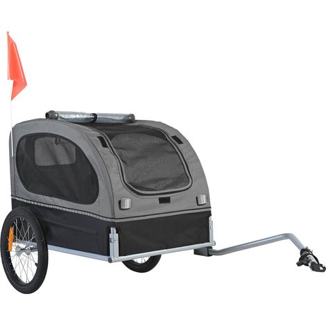 Remorque vélo pour chien, capacité 40 kg, chariot transport animal, pliable, roues amovibles, attelage universel, réflecteurs et drapeau inclus, noir/gris. (1/5)