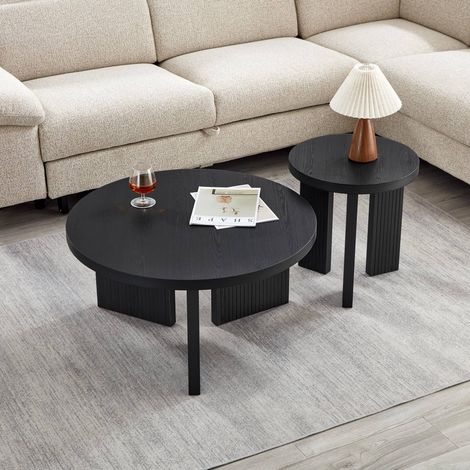 Set de 2 mesas de centro redondas negras en MDF con estrías verticales (1/5)
