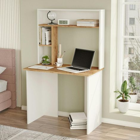 Bureau ado blanc décor bois avec rangement haut MARFA (1/5)