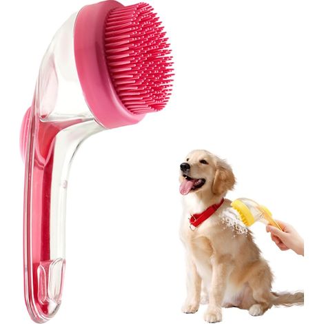 Brosse de bain 2 en 1 pour animaux avec distributeur de shampoing - Brosse de toilettage et de massage pour chiens et chats à poils longs et courts, rouge (1/5)