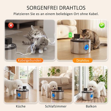 Fontaine à boisson pour chat sans fil 4L acier inox avec détecteur de mouvement, 6 cartouches filtrantes, double filtration, LED, argent (1/4)