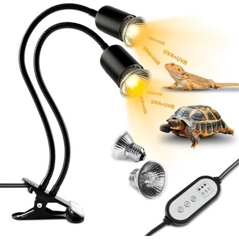 Lampe Chauffante Tortue à Deux Têtes, 25W+50W Reptiles Lampe Tortue Terrestre E27 UVA+UVB Lampe Tortue Terrestre avec 2 Ampoule Basking Spot et Minuterie pour Reptiles (Noir) [Classe énergétique G] (1/5)