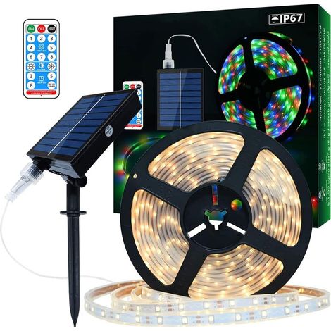 Solar LED Strip Lights Outdoor, 5m IP67 Waterproof LED Strip with 280 LEDs, Warm White LED Lights with Remote Control, 8 Lighting Modes, SMD 2835 String Lights for Garden Trees, Christmas (1/5)