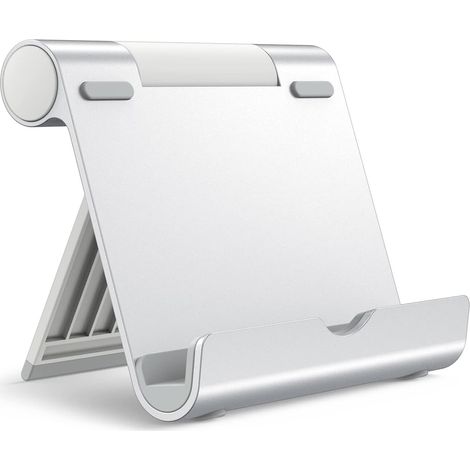 Soporte ajustable y portátil Amazon Basics para tabletas, lectores electrónicos y teléfonos inteligentes - Plateado