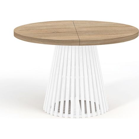 Table à manger ronde extensible DOVER avec lamelles- style industriel/loft avec pieds Ă lattes, diamètre : 110 / 210 cm, couleur :sonoma / blanc (1/4)