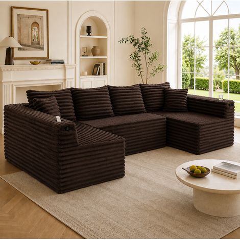 U-Form Sofa 320x155x88 cm braun aus Cord mit Getränkehalter und Seitentasche (1/5)