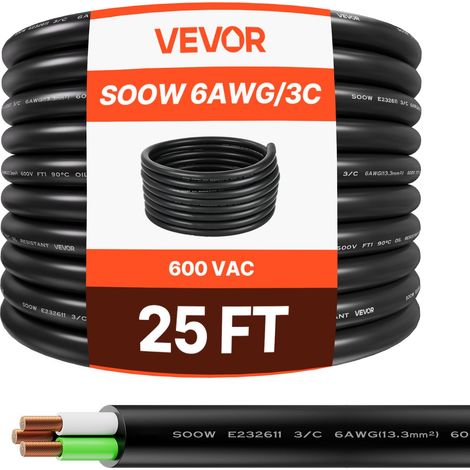 Câble d'Alimentation Rallonge Électrique 6 AWG (16 mm²) SOOW 3 Conducteurs 7,62 m (1/5)