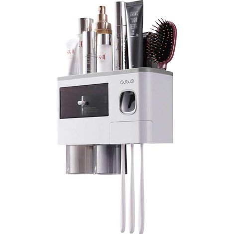 Porte Brosse Dent Mural, avec Distributeur Dentifrice Automatique, 2 Gobelets Magnétiques, 6 Fentes pour Brosse à Dents, 1 Tiroir de Rangement (Gris)