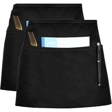 Kitchen Aprons, Waiter Apron, Black Apron with Adjustable Strap and 3 Pockets, Short Apron for Men and Women, Waiters, 2 Pack (1/4)
