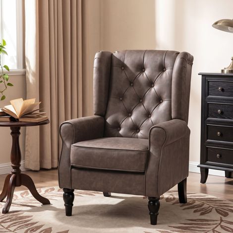 Fauteuil chambre simili‑cuir PU, large assise, accoudoirs, pieds bois eucalyptus, marron (1/5)