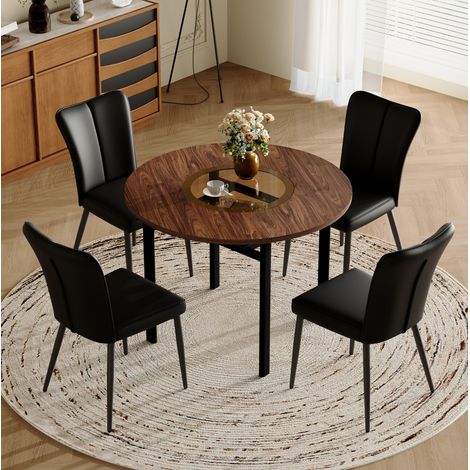 Conjunto de comedor con mesa redonda MDF marrón de Ø100 cm y 4 sillas de PU negro, cristal templado y patas metálicas (1/5)