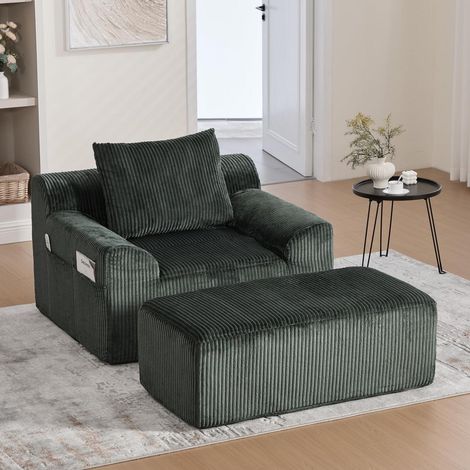 Übergroßer Cord Sessel mit Hocker, tiefem Sitz & Seitentaschen, Smaragd (1/5)