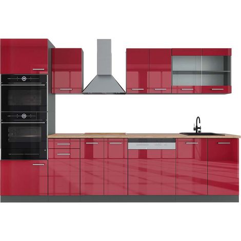 Cucina componibile R-Line, Bordeaux lucido/antracite, 300 cm con armadio alto, PL Rovere, Vicco