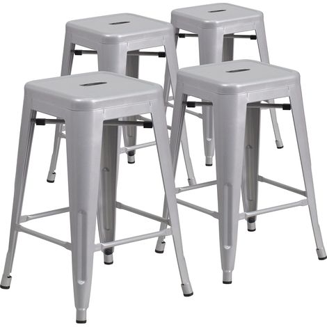 4 PK. 24 '' Haute Backless Argent Métal intérieur-extérieur de Hauteur comptoir Tabouret avec siège Carré (1/5)