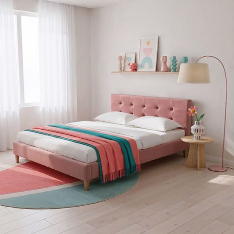 Lit 140x190 en velours avec pieds en bois rose poudré (1/5)
