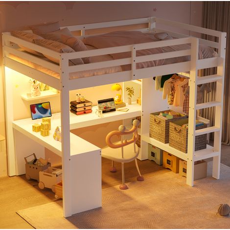 Hochbett 205x101.5x170 cm mit Schreibtisch, LED Beleuchtung und Ladestation, Kiefernholz und MDF, Weiß (1/5)