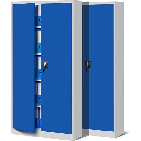 2er Set Aktenschrank C001 Metallschrank Stahlschrank Werkzeugschrank Büroschrank Lagerschrank Universalschrank Pulverbeschichtung Flügeltüren 185 cm x 90 cm x 40 cm (grau/blau)