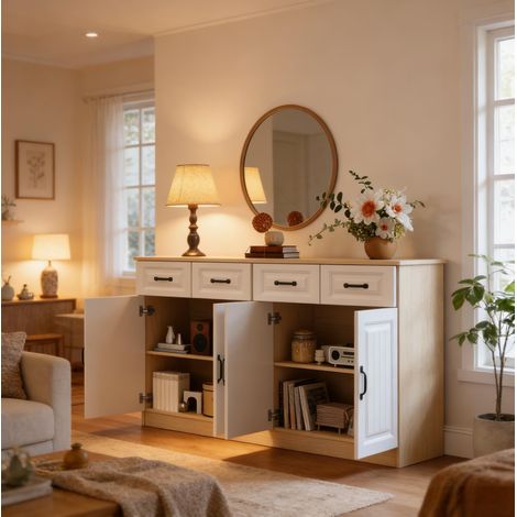 Aparador 160/35/80 cm blanco y madera natural con 4 puertas, 4 cajones y estantes regulables (1/5)