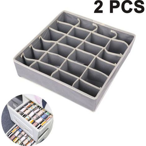Set of 2 underwear storage boxes – 24 foldable compartments – Grey non-woven fabric – Dimensions 32 x 32 x 9.5 cm (1/5)