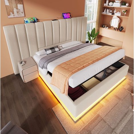 letto contenitore 160x200 con ricarica LED beige OKMYHOME (1/5)