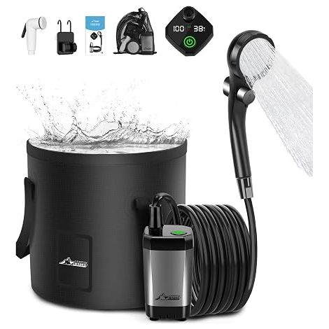 Douche Portable Camping avec Seau 20L, Pompe de Douche Électrique Rechargeable avec Afficheur Intelligent, Kit Douche Exterieur pour Camping, Vanlife, Randonnée, Voyage, Animaux (1/5)