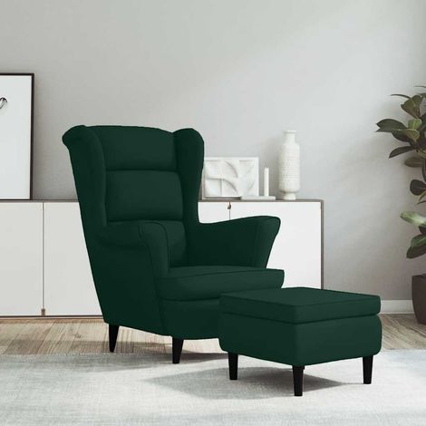 Sillón orejero y taburete de terciopelo verde oscuro