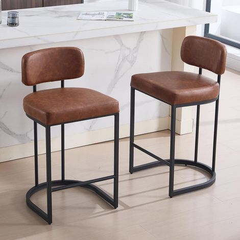 Barhocker 2er Set mit Rückenlehne, braunes PU-Leder, Metallfüße (1/5)