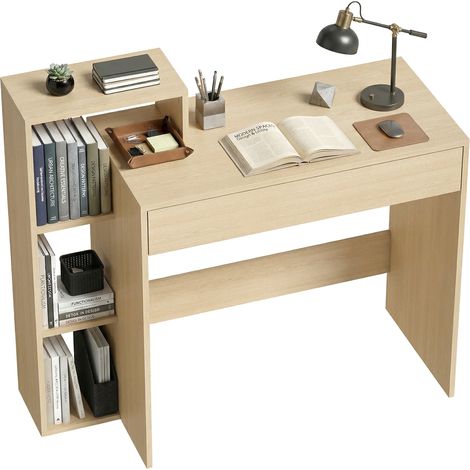 Homcom – Bureau droit compact avec rangement – 3 étagères ouvertes et tiroir – Panneau de particules – 100 x 40 x 90 cm – Bois naturel