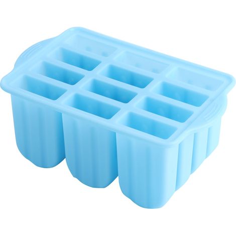 Moule à glace en silicone alimentaire à 12 compartiments avec couvercle et bâtonnets (bleu) (1/5)